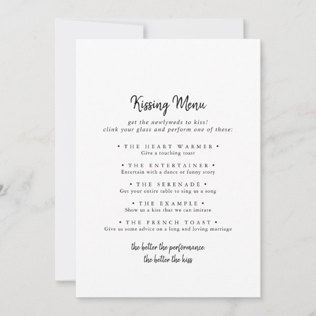 Modern Wedding Kissing Menu Game Card (Front)