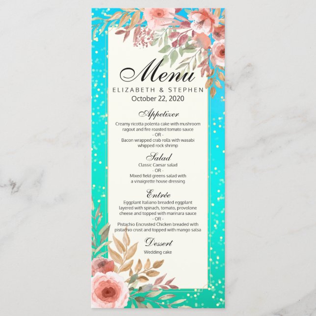 Modern Wedding Menu Pink Floral Teal Gold Confetti (Front)