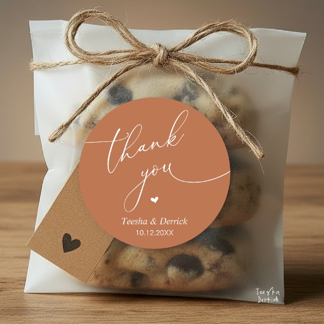 Modern Wedding Minimal Thank You Cute Heart Gifts Classic Round Sticker (Modern Wedding Minimal Thank You Cute Cute Little Heart Gifts Classic Round Sticker in Copper Brown)