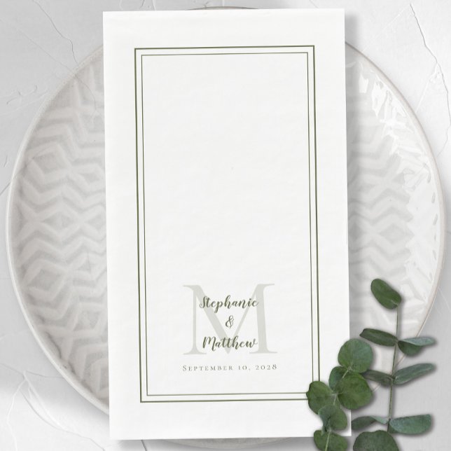 Modern Wedding Monogram Names & Date Olive Green Napkin (Modern Wedding Monogram Names & Date Olive Green Paper Guest Towels)