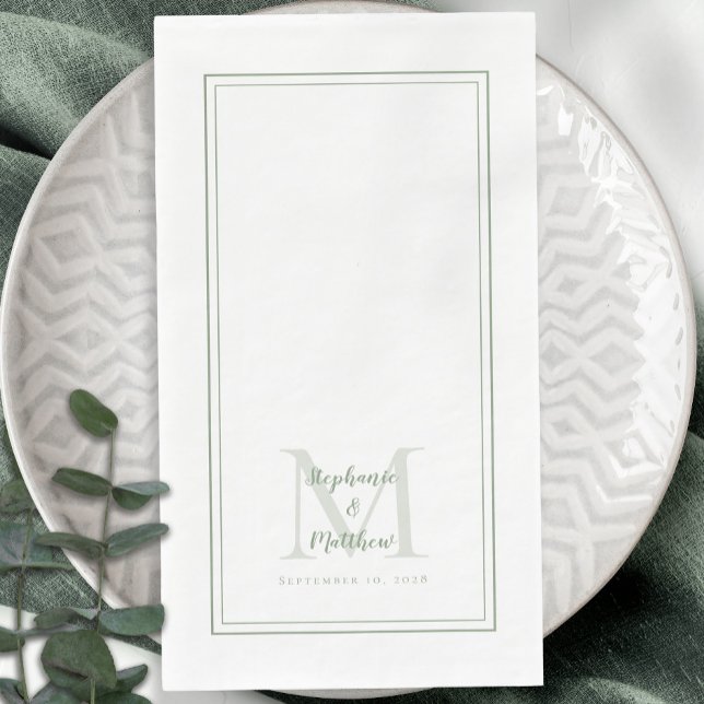 Modern Wedding Monogram Names & Date Sage Green Napkin (Creator Uploaded)