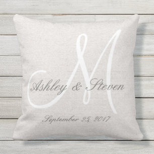 Modern Wedding Monogram Rustic Linen Look Cushion