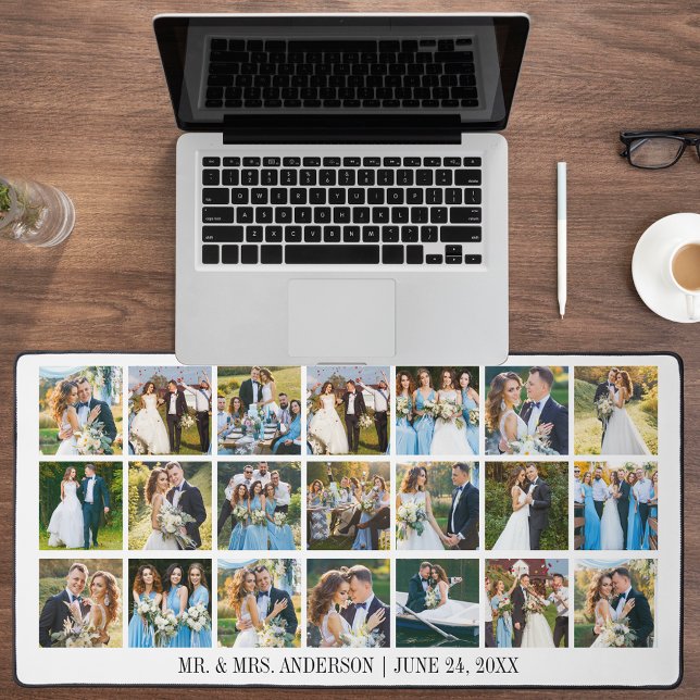 Modern Wedding Multi Photo Collage Desk Mat (Customize to change text size, text style or background color.)