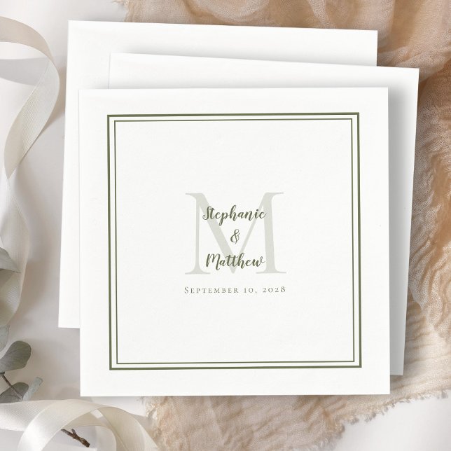 Modern Wedding Names & Date Monogram Olive Green Napkin (Modern Wedding Names & Date Monogram Olive Green Napkins)