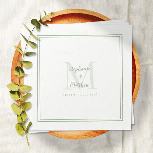 Modern Wedding Names & Date Monogram Sage Green Napkin