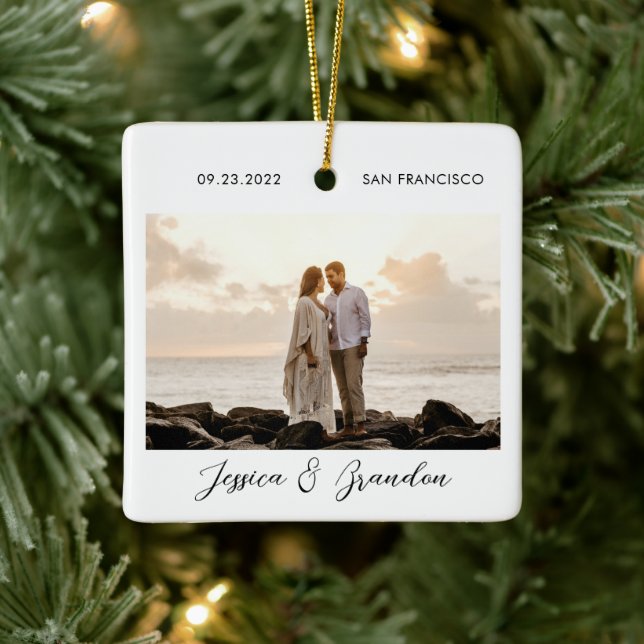 Modern Wedding Newlyweds Couples Photo Ceramic Ornament (Tree)