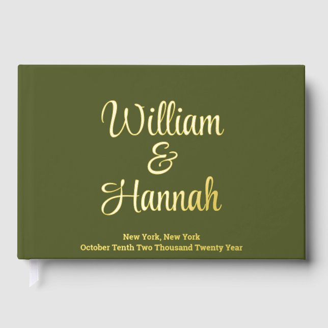 Modern Wedding Olive Green with Gold Hardcover Guest Book (Front)