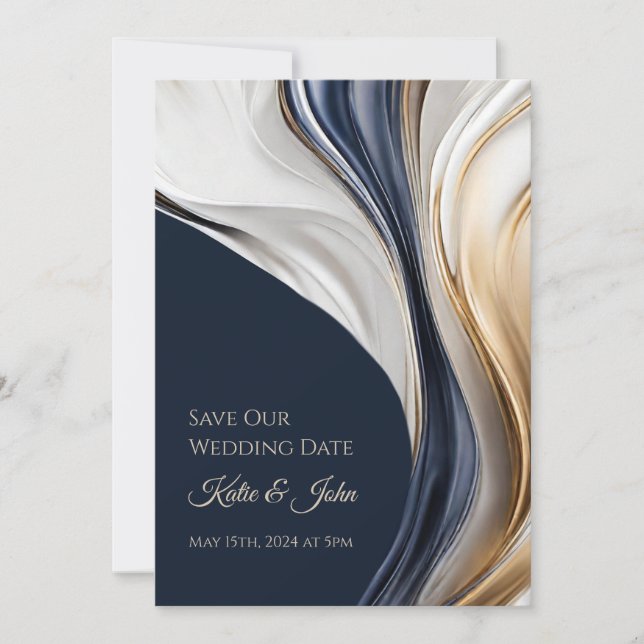 Modern Wedding -Photo-Blue White and Gold- Save The Date (Front)