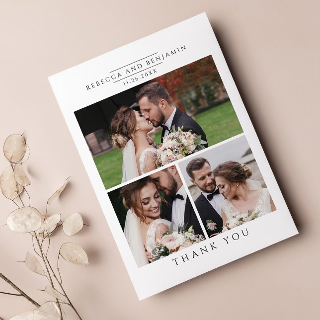 Modern Wedding Photo Collage Minimalist Thank You Card (Wedding Day Photo Collage Thank You Card)