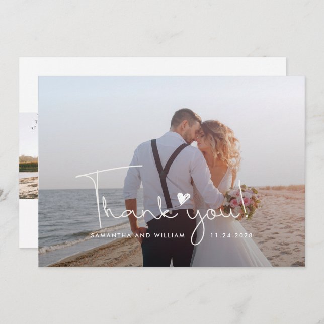 Modern Wedding Photo Hand-Lettered Newlyweds Thank You Card (Front/Back)