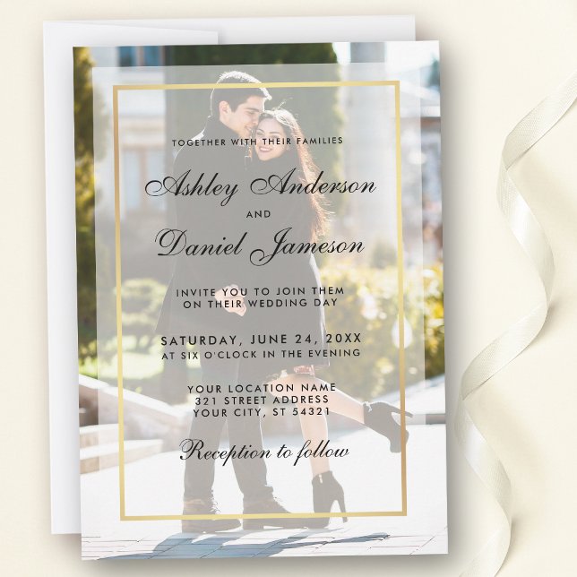Modern Wedding Photo Invitation Overlay G (Customize to change text size, style or add more text & photos to back of card.)