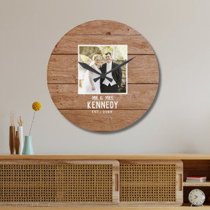 Modern Wedding Photo Light Brown Wood Farmhouse  Large Clock