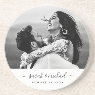 Modern Wedding Photo Memory Elegant Script Coaster