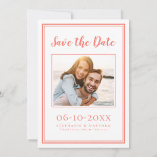 Modern Wedding Photo Simple Engagement Coral White Save The Date