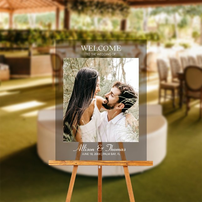 Modern Wedding Photo Welcome Black Acrylic Sign (Make a dazzling entrance and warmly greet guests with our captivating photo acrylic wedding sign!)
