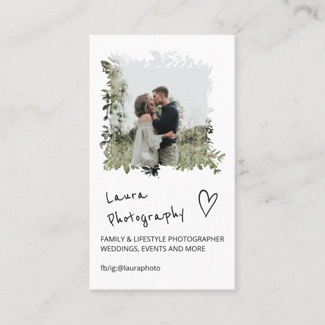 Modern wedding photographer floral 2 photo collage business card (Front)