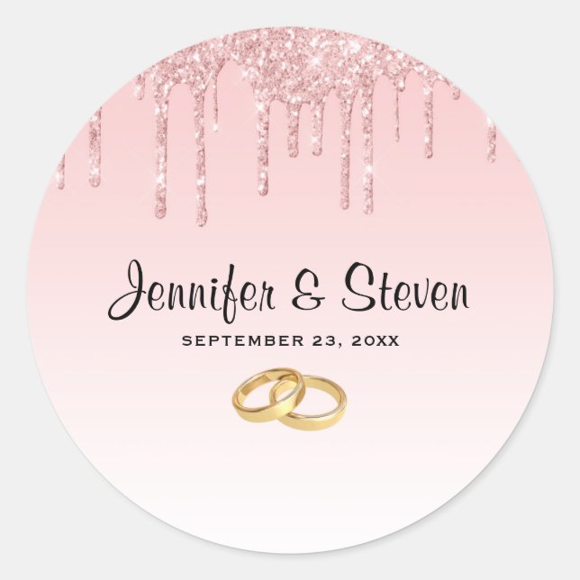Modern Wedding Pink Glitter Drips Classic Round Sticker (Front)