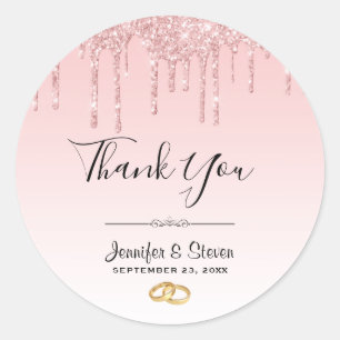 Modern Wedding Pink Glitter Drips Thank You Classic Round Sticker