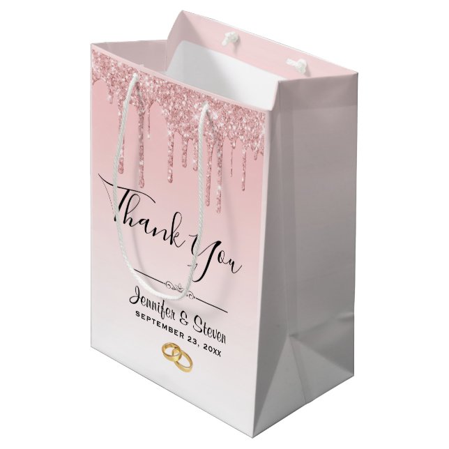 Modern Wedding Pink Glitter Drips Thank You Medium Gift Bag (Front Angled)