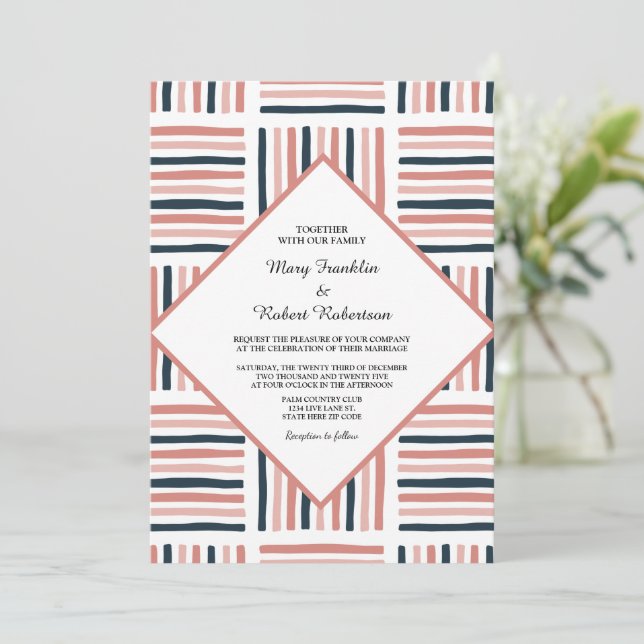 Modern Wedding Pink Watercolor Trendy Striped Invitation (Standing Front)