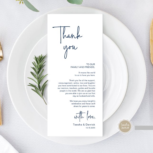 Modern Wedding Place Setting Dinner Thank You Card (Modern Wedding Dinner Place Setting Thank You Card, in Handwriting Script, Navy Blue)