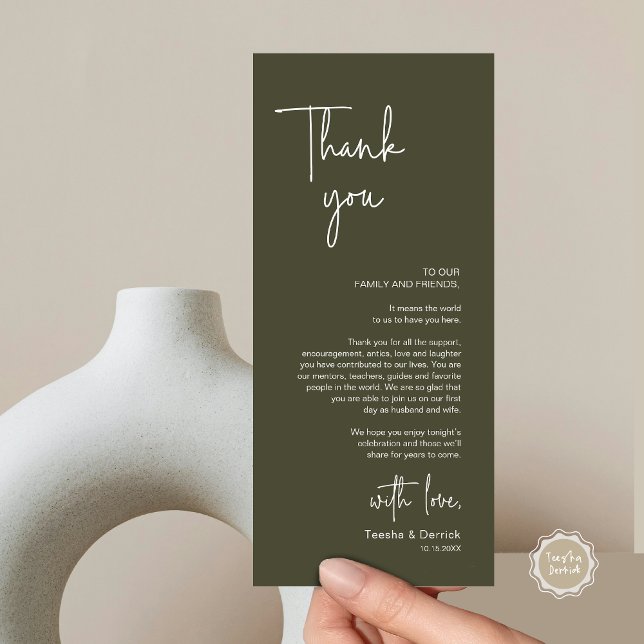 Modern Wedding Place Setting Dinner Thank You Card (Modern Wedding Dinner Place Setting Thank You Card, in Handwriting Script, Olive Sage Green)