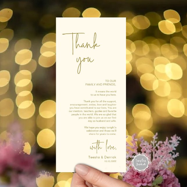 Modern Wedding Place Setting Dinner Thank You Card (Modern Wedding Dinner Place Setting Thank You Card, in Handwriting Script, Gold Scheme)