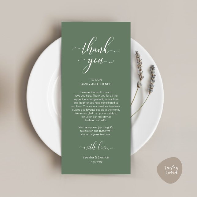 Modern Wedding Place Setting Thank You Card (Modern Wedding Dinner Place Setting Thank You Card in Classy Forest Sage Green)