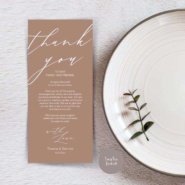 Modern Wedding Place Setting Thank You Dinner Card (Wedding Dinner Place Setting Thank You Card, Modern Minimalist Script, in Taupe )