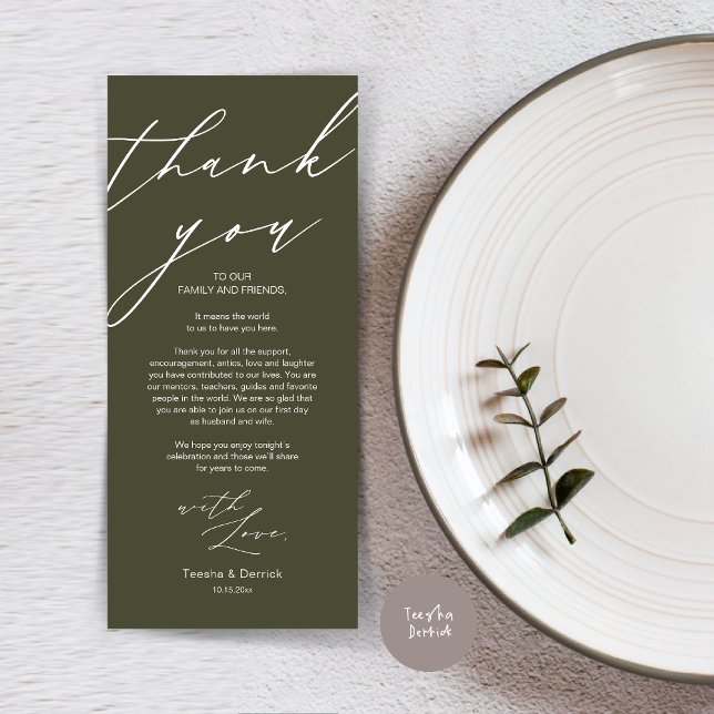 Modern Wedding Place Setting Thank You Dinner Card (Wedding Dinner Place Setting Thank You Card, Modern Minimalist Script, in Olive Green)