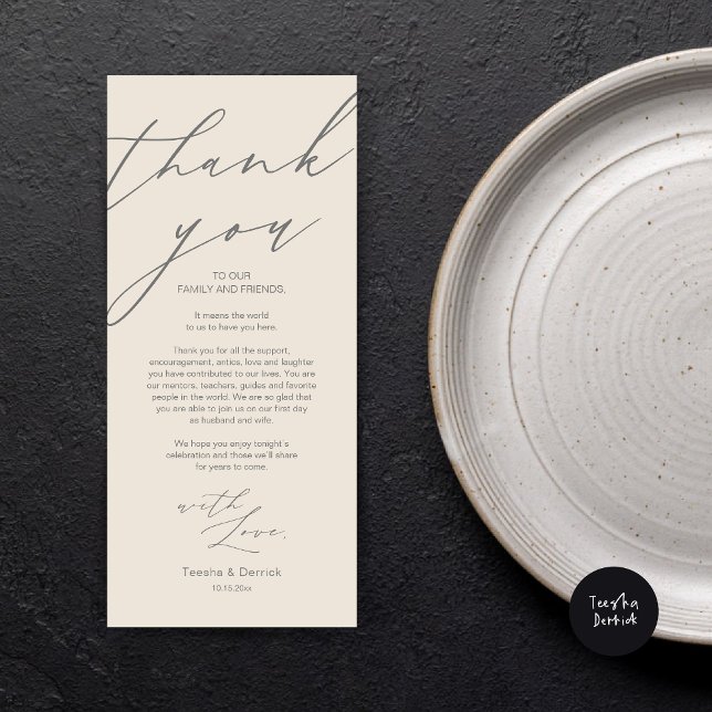 Modern Wedding Place Setting Thank You Dinner Card (Wedding Dinner Place Setting Thank You Card, Modern Minimalist Script, in Cream and Grey)