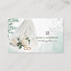 Modern Wedding Planner Bride Veil Green Business Card