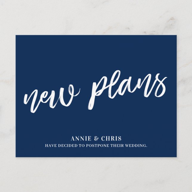 Modern Wedding Postponement Navy New Plans Announcement Postcard (Front)