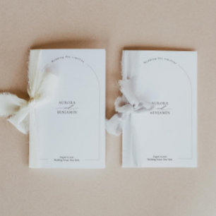 Modern wedding program booklet with timeline icons