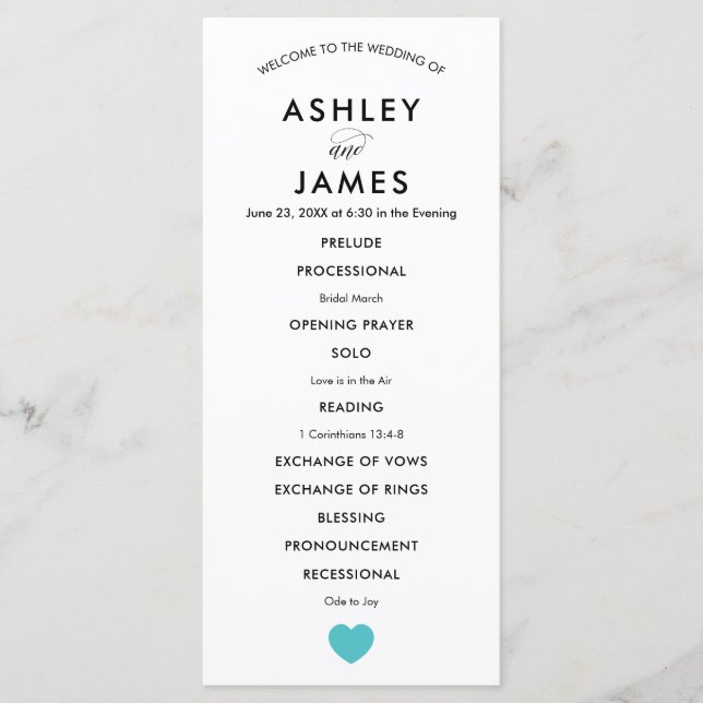 Modern Wedding Program with Turquoise Heart (Front)