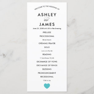 Modern Wedding Program with Turquoise Heart