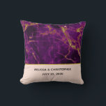 Modern Wedding Purple & Gold Abstract Marble Cushion<br><div class="desc">Personalised wedding pillow with a beautiful abstract pattern featuring a marble design. Rich purple colours blending together combined with faux-gold swirling ribbons of colour mixing and mingling throughout the design. A peach coloured layer below the pattern with an elegant faux gold-foil strip between them.</div>