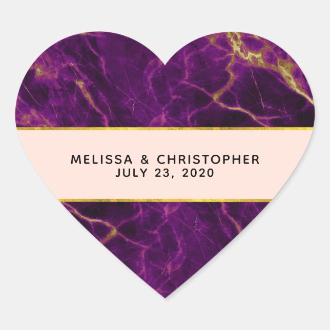 Modern Wedding Purple & Gold Abstract Marble Heart Sticker (Front)