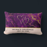 Modern Wedding Purple & Gold Abstract Marble Lumbar Cushion<br><div class="desc">Personalised wedding pillow with a beautiful abstract pattern featuring a marble design. Rich purple colours blending together combined with faux-gold swirling ribbons of colour mixing and mingling throughout the design. A peach coloured layer below the pattern with an elegant faux gold-foil strip between them. 2 joined hearts above the text....</div>