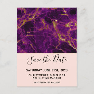 Modern Wedding Purple & Gold Marble Save the Date Postcard