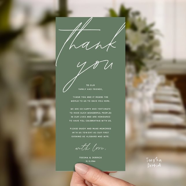 Modern Wedding Reception Dinner Thank You Card (Modern Wedding Reception Dinner Lunch Brunch Party Thank You Card in sage green)