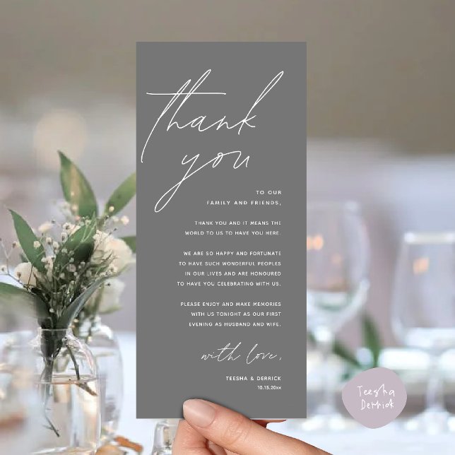 Modern Wedding Reception Dinner Thank You Card (Modern Wedding Reception Dinner Lunch Brunch Party Thank You Card in dark grey)