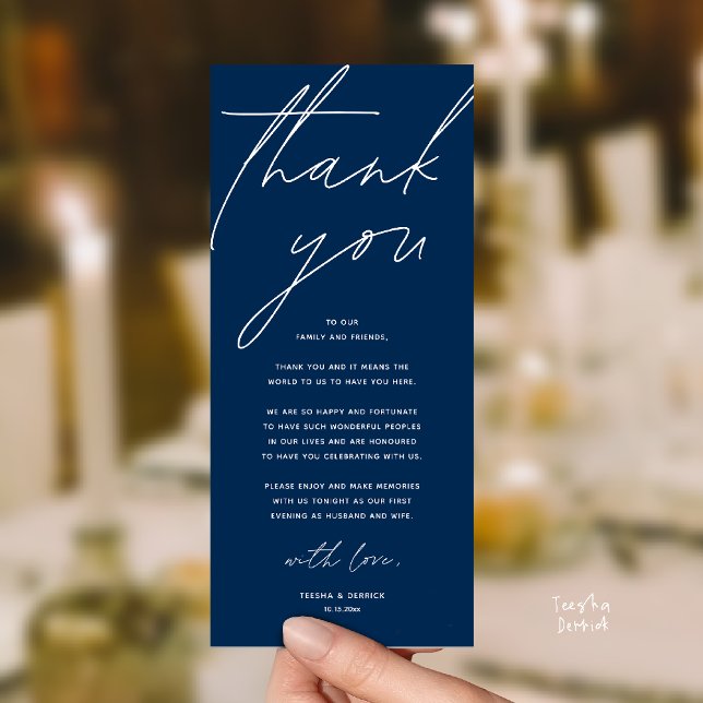 Modern Wedding Reception Dinner Thank You Card (Modern Wedding Reception Dinner Lunch Brunch Party Thank You Card in navy blue)