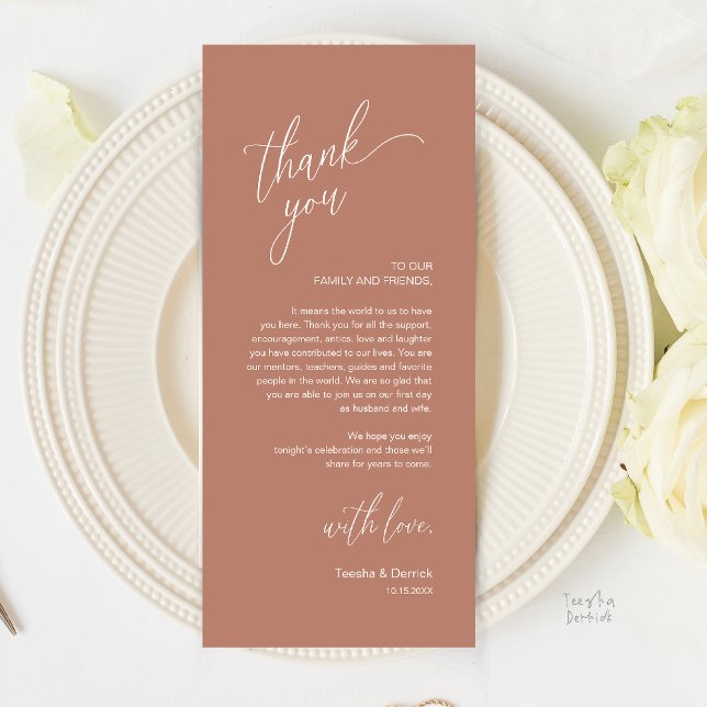 Modern Wedding Reception Dinner Thank You Card (Modern Wedding Reception Dinner Thank You Card in rustic terracotta brown)