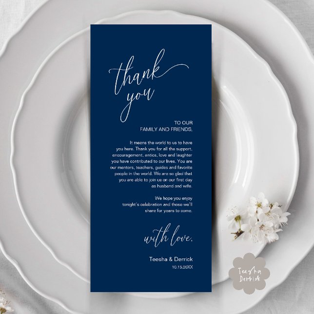 Modern Wedding Reception Dinner Thank You Card (Modern Wedding Reception Dinner Thank You Card in Navy Blue)