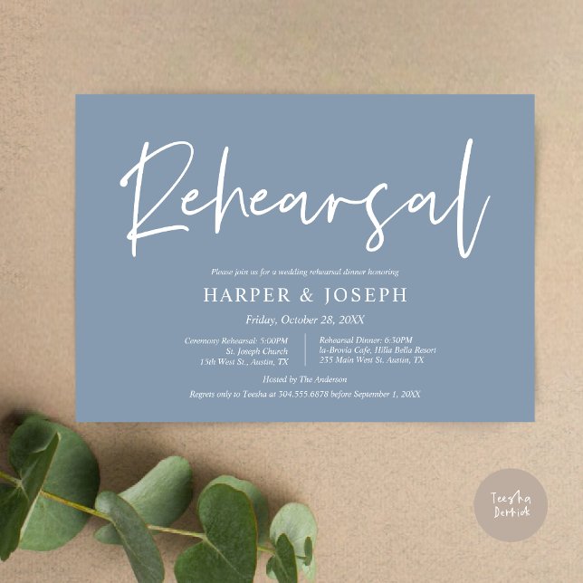 Modern Wedding Rehearsal and Dinner, Dusty Blue Invitation (Wedding Rehearsal and Dinner Invitation Card, PDF, Modern Minimalist Elegant, in Dusty Blue)
