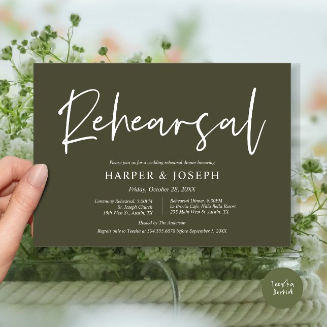 Modern Wedding Rehearsal and Dinner, Olive Green Invitation (Wedding Rehearsal and Dinner Invitation Card, PDF, Modern Minimalist Elegant, in Olive Green)