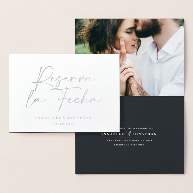 Modern wedding Reserva la Fecha black 1 photo Foil Card (Display)