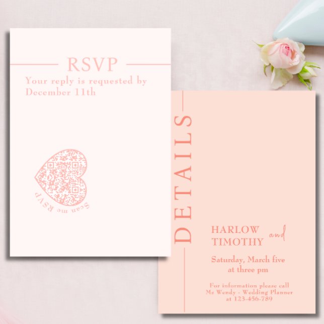 Modern Wedding RSVP Card  Blush Pink heart QR code (Modern Wedding RSVP Card Blush Pink with QR code heart shaped)