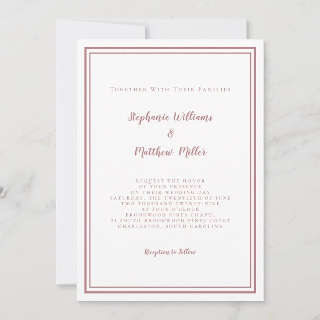 Modern Wedding & RSVP QR Code Details Dusty Rose Invitation (Front)